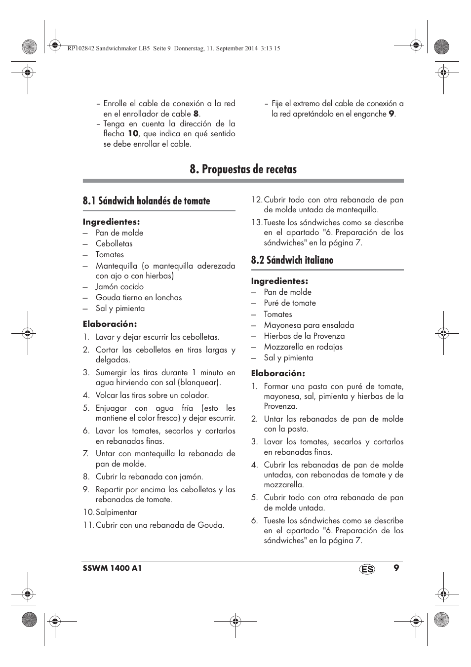 Propuestas de recetas, 1 sándwich holandés de tomate, 2 sándwich italiano | Silvercrest SSWM 1400 A1 User Manual | Page 11 / 58