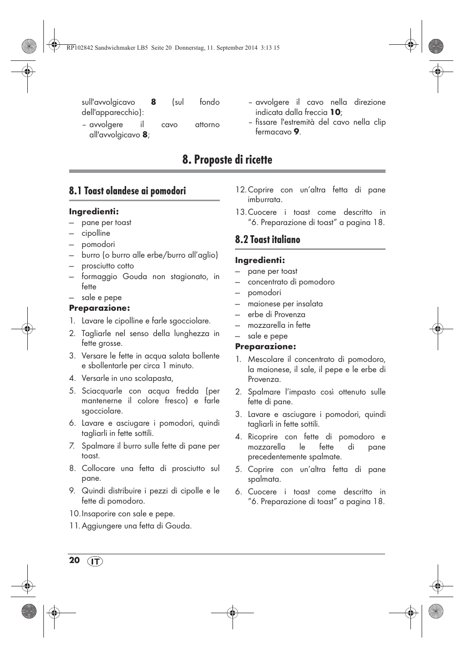Proposte di ricette, 1 toast olandese ai pomodori, 2 toast italiano | Silvercrest SSWM 1400 A1 User Manual | Page 22 / 58