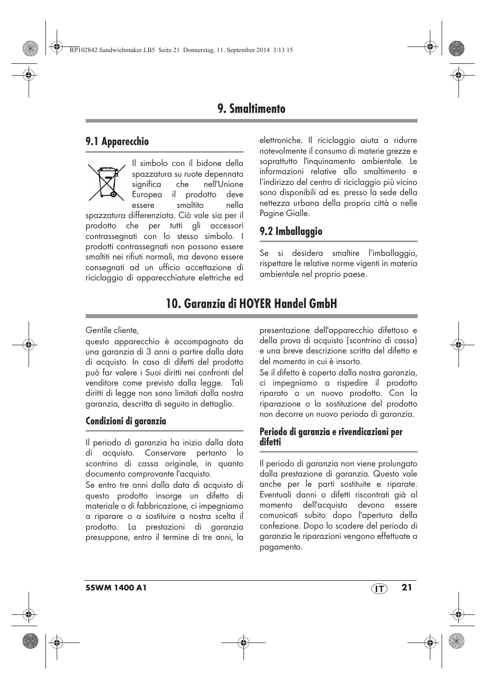 Smaltimento, Garanzia di hoyer handel gmbh | Silvercrest SSWM 1400 A1 User Manual | Page 23 / 58