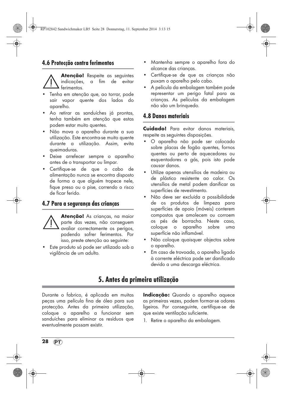 Antes da primeira utilização, 6 protecção contra ferimentos, 7 para a segurança das crianças | 8 danos materiais | Silvercrest SSWM 1400 A1 User Manual | Page 30 / 58