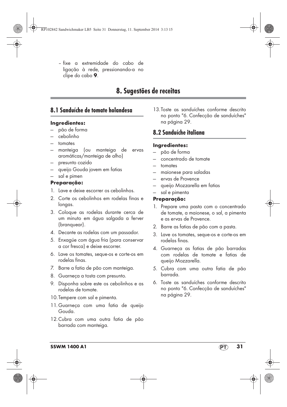 Sugestões de receitas, 1 sanduíche de tomate holandesa, 2 sanduíche italiana | Silvercrest SSWM 1400 A1 User Manual | Page 33 / 58