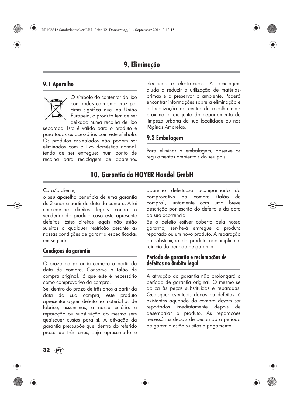 Eliminação, Garantia da hoyer handel gmbh | Silvercrest SSWM 1400 A1 User Manual | Page 34 / 58