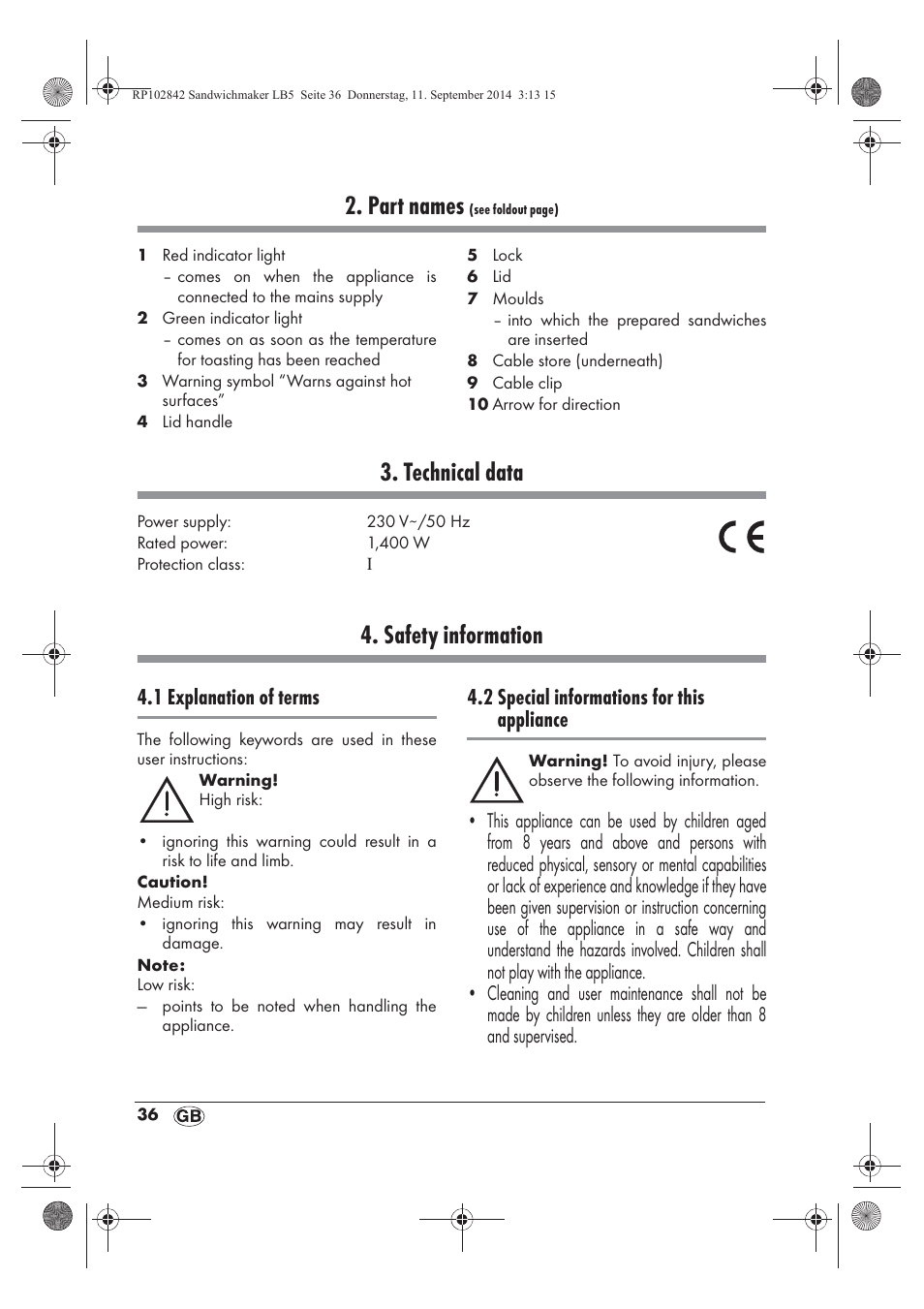 Part names, Technical data, Safety information | 1 explanation of terms, 2 special informations for this appliance | Silvercrest SSWM 1400 A1 User Manual | Page 38 / 58