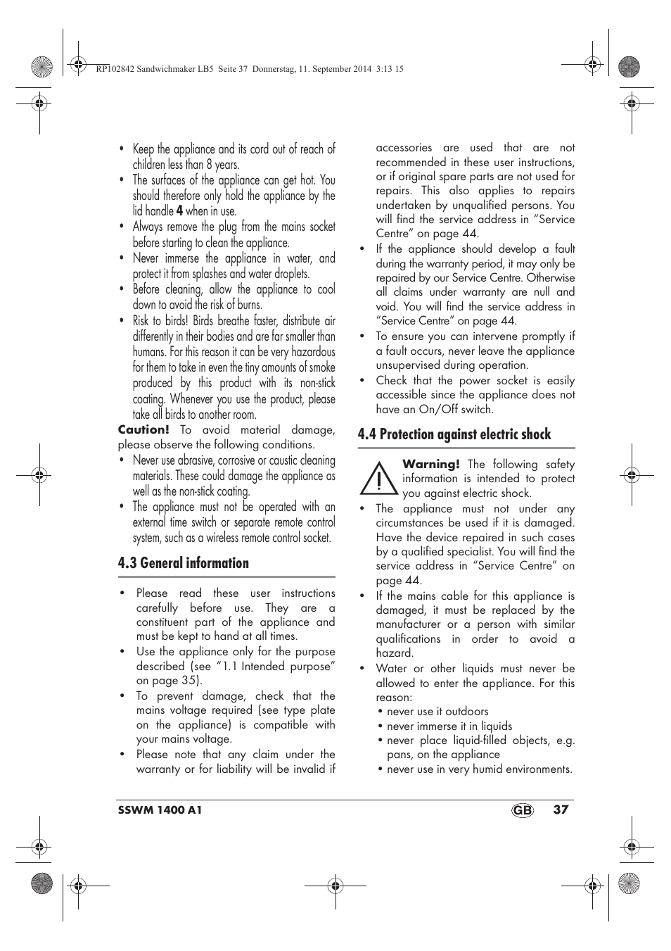 3 general information, 4 protection against electric shock | Silvercrest SSWM 1400 A1 User Manual | Page 39 / 58