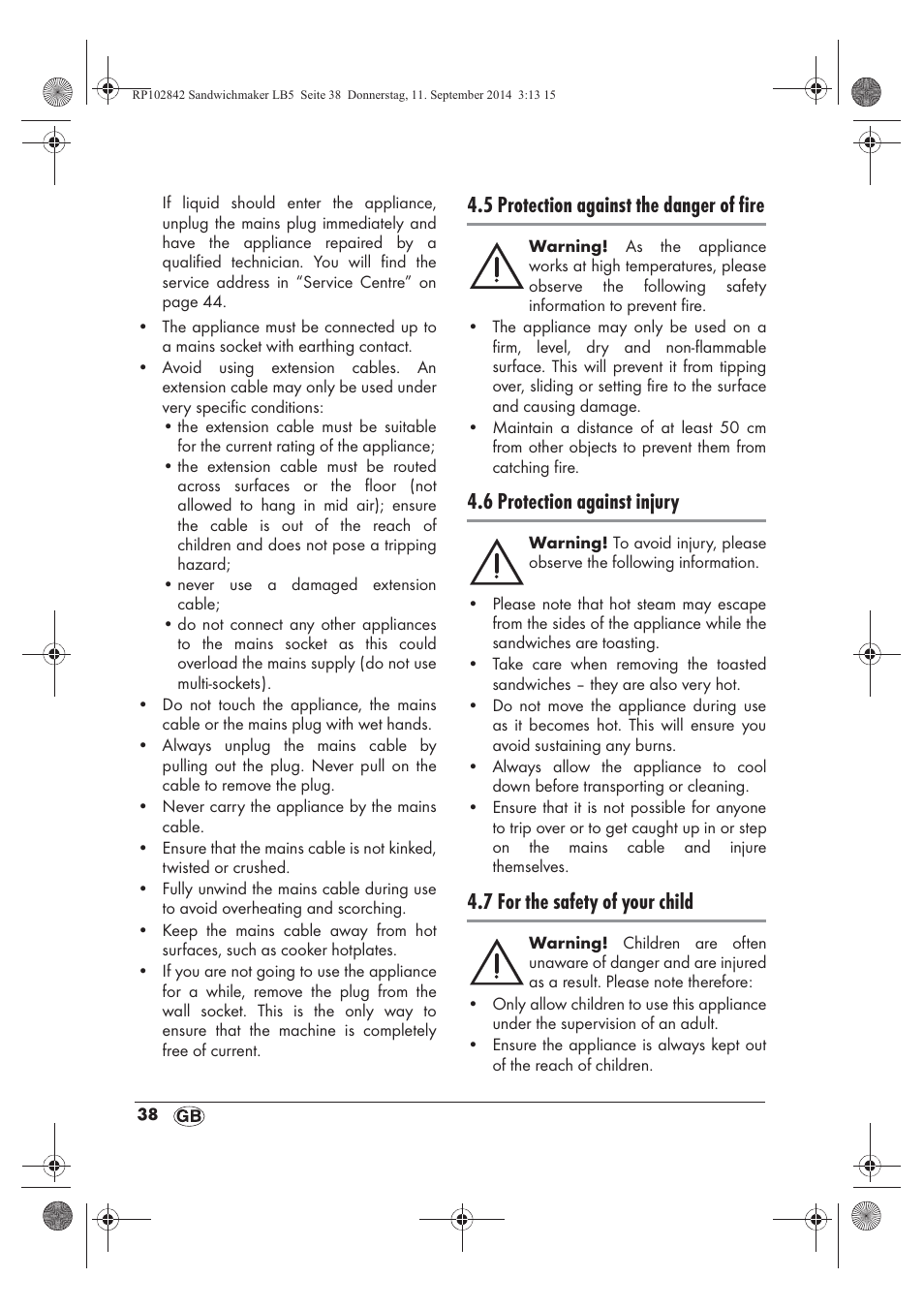 5 protection against the danger of fire, 6 protection against injury, 7 for the safety of your child | Silvercrest SSWM 1400 A1 User Manual | Page 40 / 58