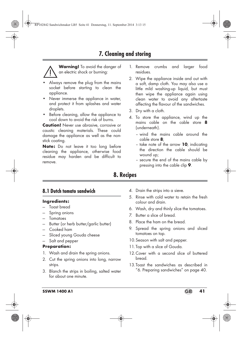 Cleaning and storing, Recipes, 1 dutch tomato sandwich | Silvercrest SSWM 1400 A1 User Manual | Page 43 / 58