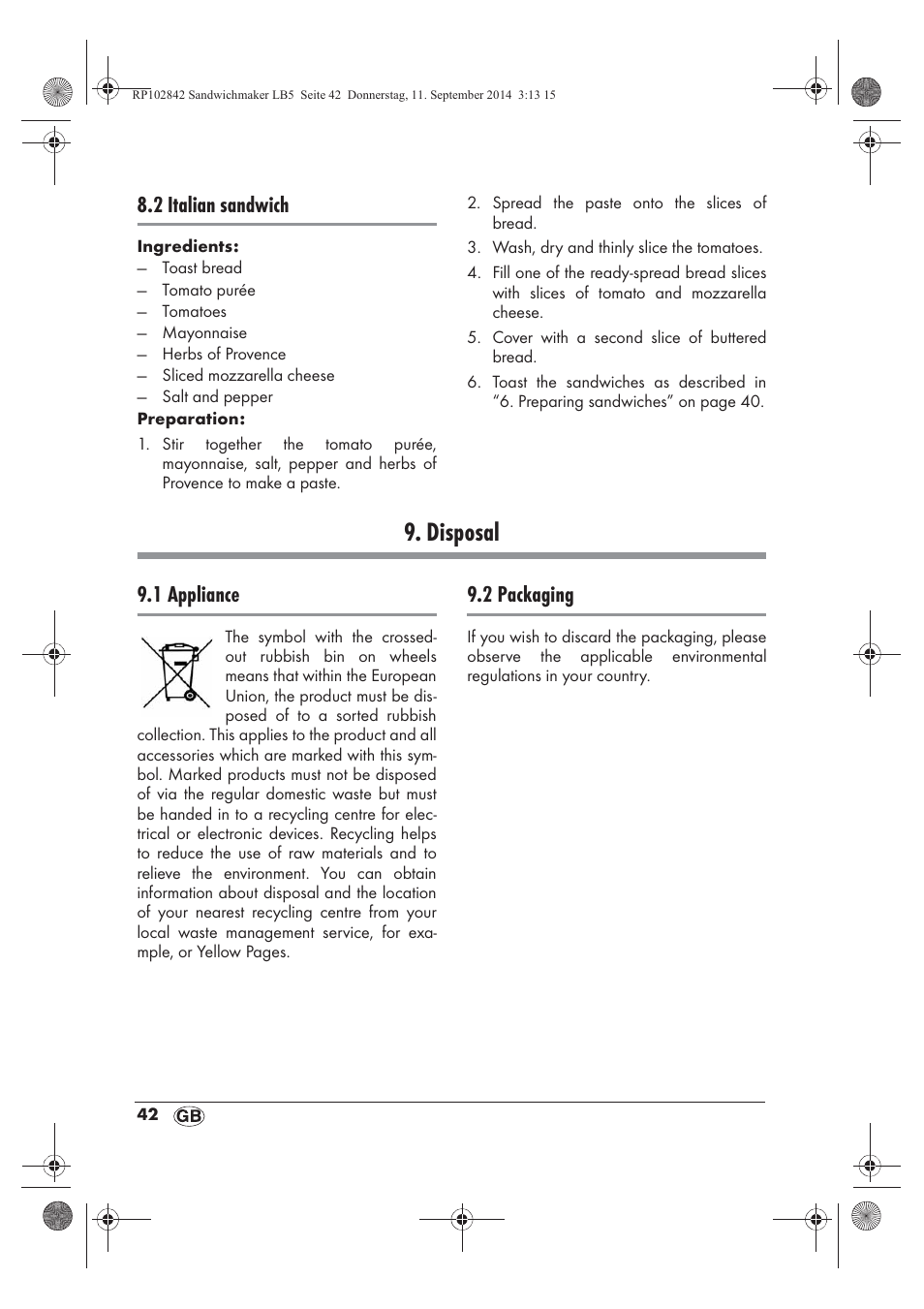 Disposal, 2 italian sandwich, 1 appliance | 2 packaging | Silvercrest SSWM 1400 A1 User Manual | Page 44 / 58