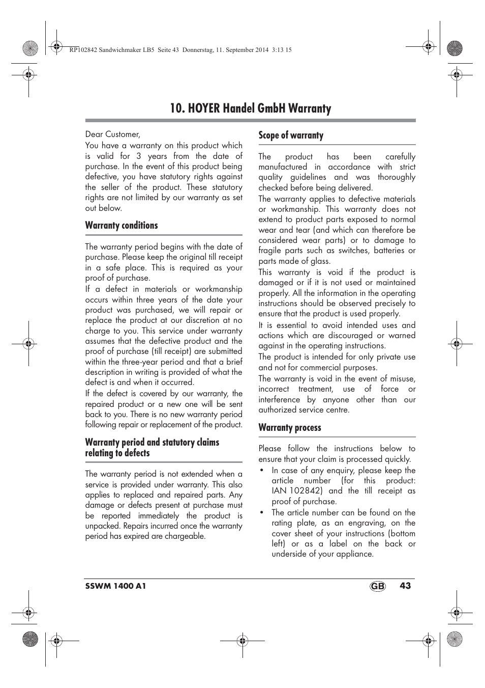 Hoyer handel gmbh warranty | Silvercrest SSWM 1400 A1 User Manual | Page 45 / 58
