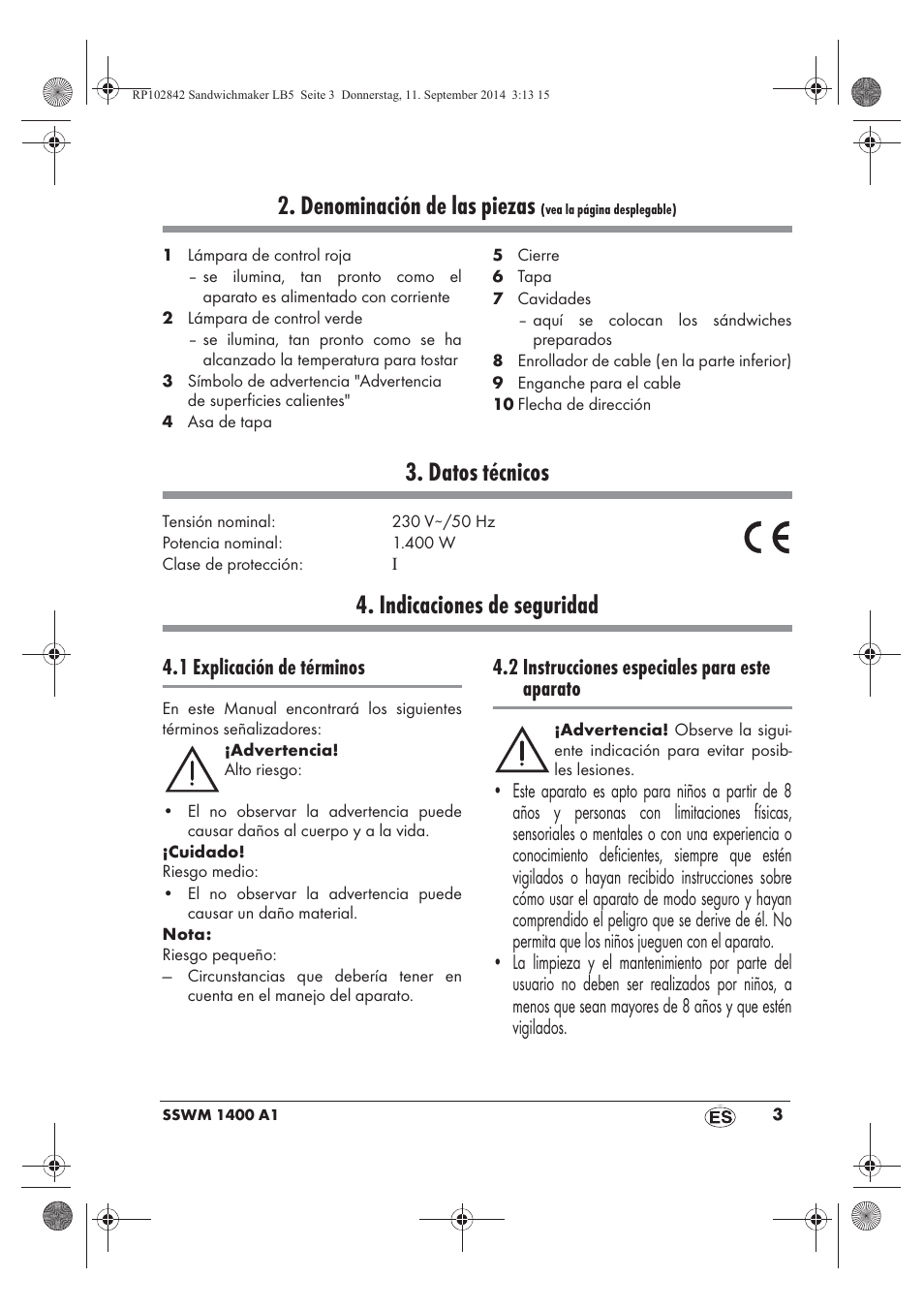 Denominación de las piezas, Datos técnicos, Indicaciones de seguridad | 1 explicación de términos, 2 instrucciones especiales para este aparato | Silvercrest SSWM 1400 A1 User Manual | Page 5 / 58