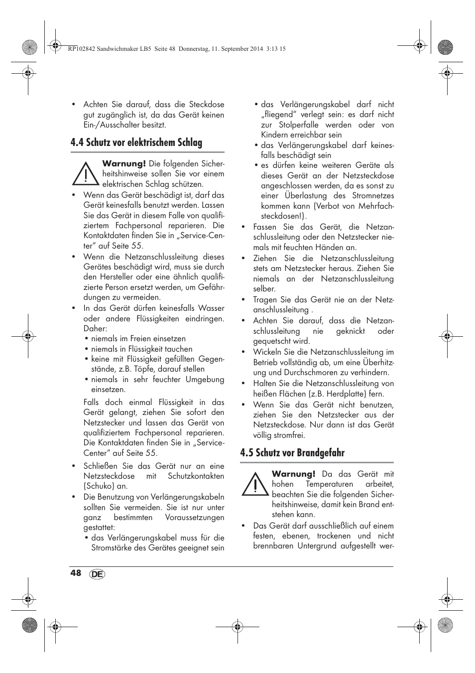 4 schutz vor elektrischem schlag, 5 schutz vor brandgefahr | Silvercrest SSWM 1400 A1 User Manual | Page 50 / 58