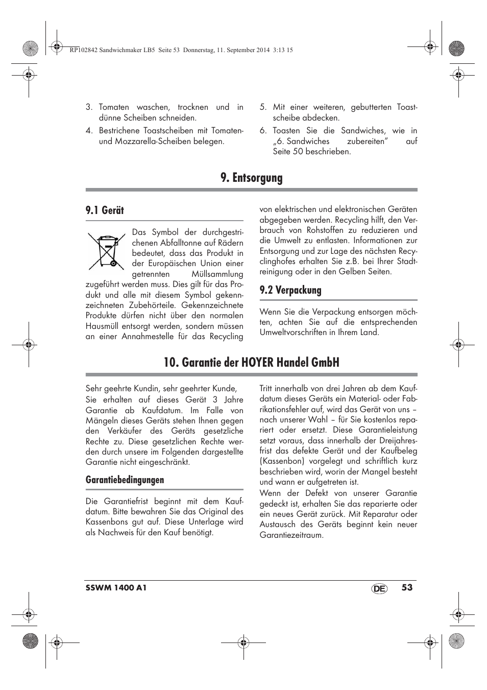 Entsorgung, Garantie der hoyer handel gmbh, 1 gerät | 2 verpackung | Silvercrest SSWM 1400 A1 User Manual | Page 55 / 58