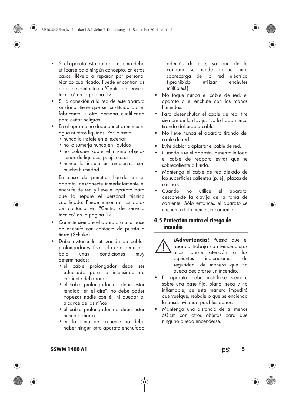 5 protección contra el riesgo de incendio | Silvercrest SSWM 1400 A1 User Manual | Page 7 / 58