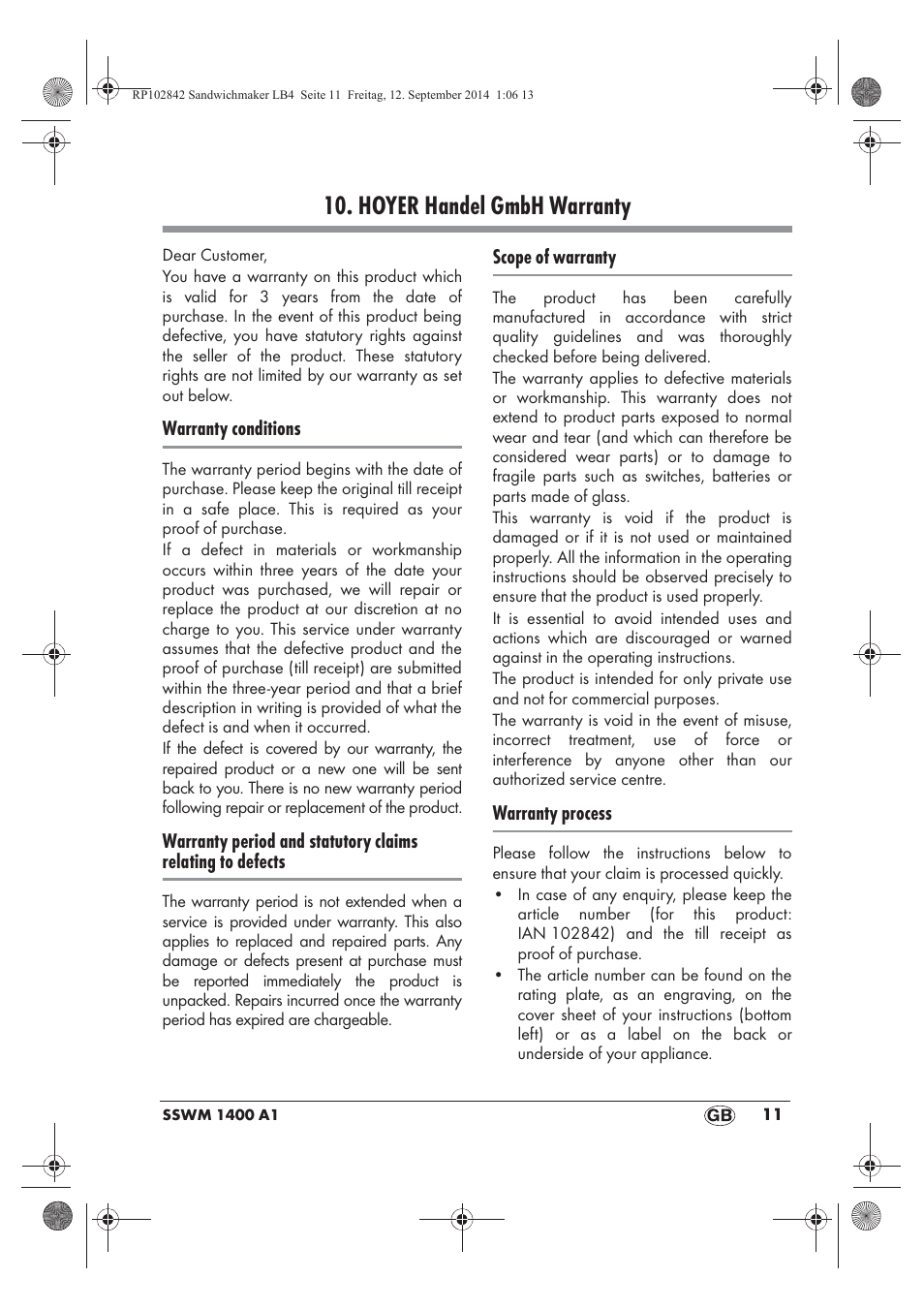 Hoyer handel gmbh warranty | Silvercrest SSWM 1400 A1 User Manual | Page 13 / 78