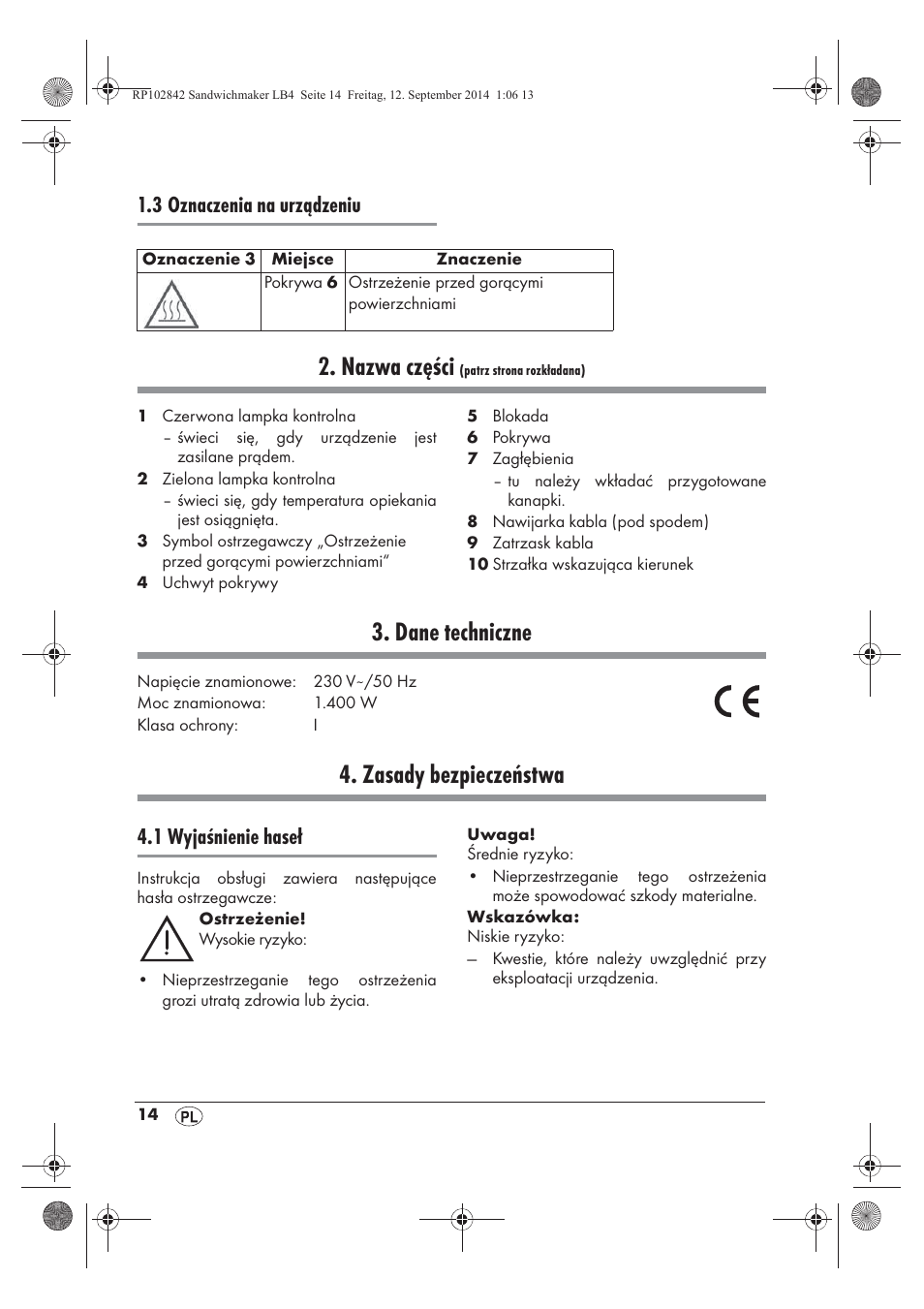 Nazwa części, Dane techniczne, Zasady bezpieczeństwa | 3 oznaczenia na urządzeniu, 1 wyjaśnienie haseł | Silvercrest SSWM 1400 A1 User Manual | Page 16 / 78