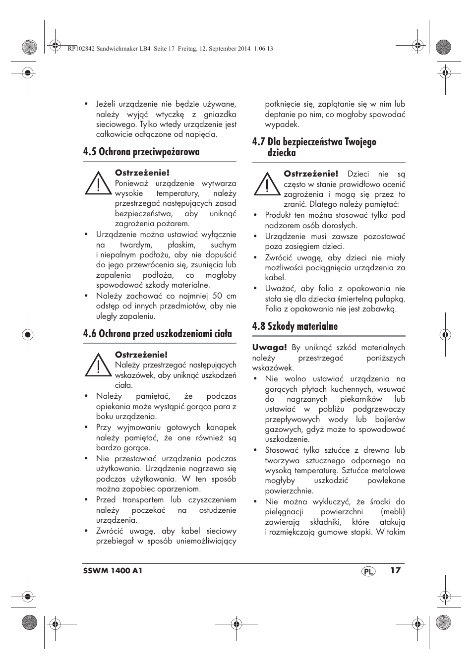 5 ochrona przeciwpożarowa, 6 ochrona przed uszkodzeniami ciała, 7 dla bezpieczeństwa twojego dziecka | 8 szkody materialne | Silvercrest SSWM 1400 A1 User Manual | Page 19 / 78