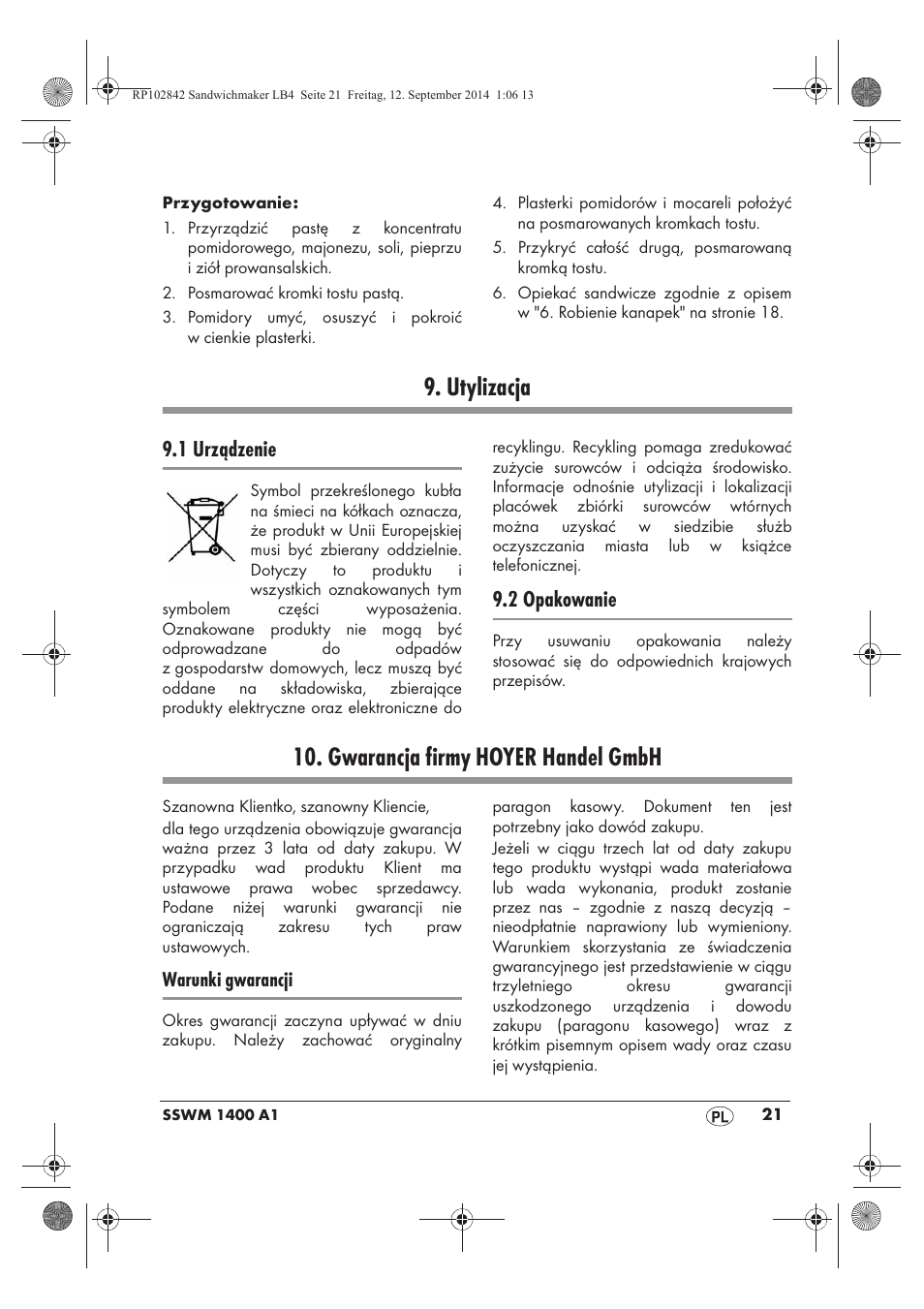 Utylizacja, Gwarancja firmy hoyer handel gmbh, 1 urządzenie | 2 opakowanie | Silvercrest SSWM 1400 A1 User Manual | Page 23 / 78