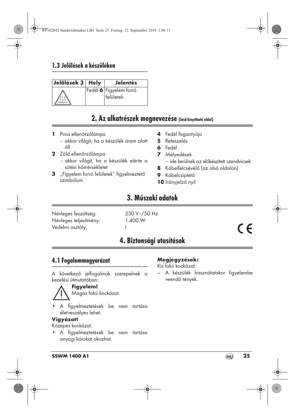 Az alkatrészek megnevezése, Műszaki adatok, Biztonsági utasítások | 3 jelölések a készüléken, 1 fogalommagyarázat | Silvercrest SSWM 1400 A1 User Manual | Page 27 / 78