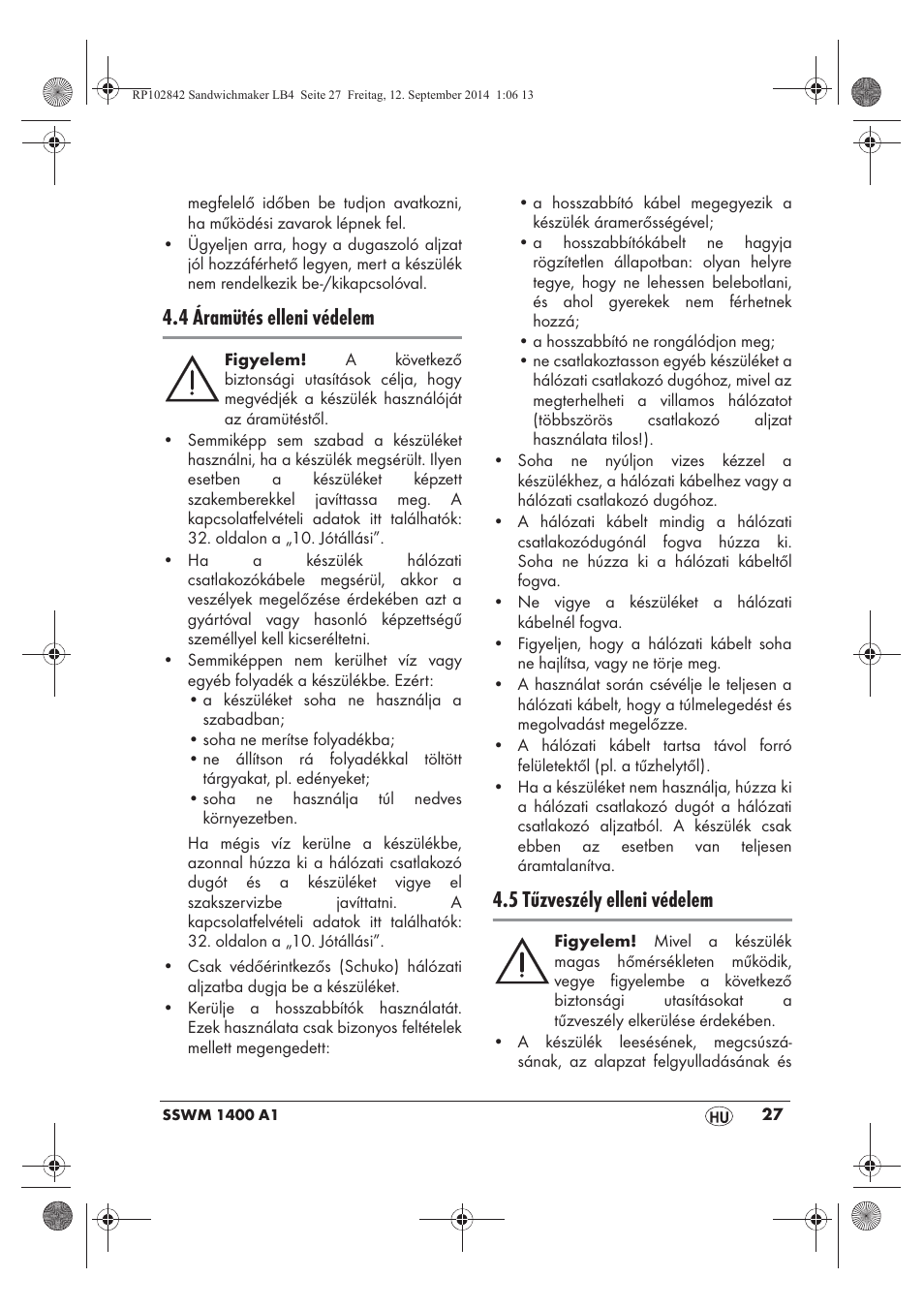 4 áramütés elleni védelem, 5 tűzveszély elleni védelem | Silvercrest SSWM 1400 A1 User Manual | Page 29 / 78