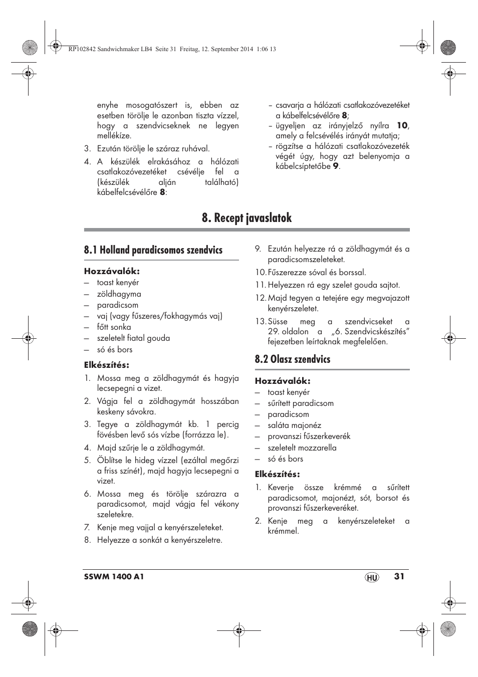 Recept javaslatok, 1 holland paradicsomos szendvics, 2 olasz szendvics | Silvercrest SSWM 1400 A1 User Manual | Page 33 / 78