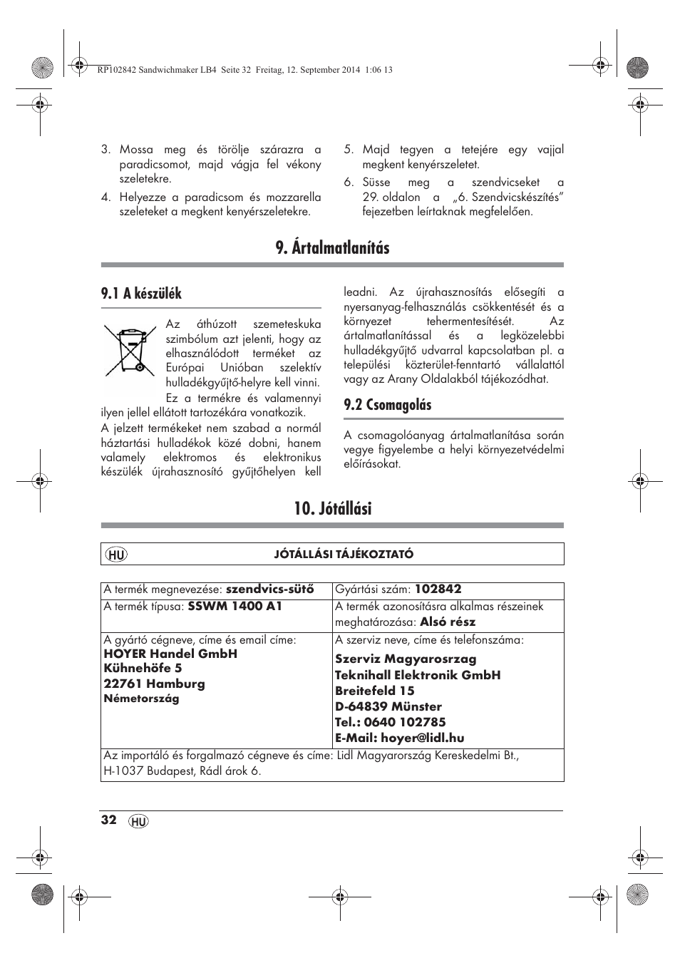 Ártalmatlanítás, Jótállási, 1 a készülék | 2 csomagolás | Silvercrest SSWM 1400 A1 User Manual | Page 34 / 78