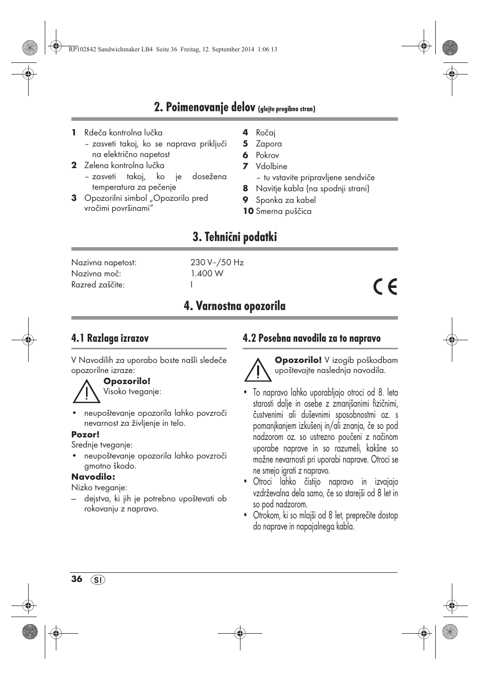 Poimenovanje delov, Tehnični podatki, Varnostna opozorila | 1 razlaga izrazov, 2 posebna navodila za to napravo | Silvercrest SSWM 1400 A1 User Manual | Page 38 / 78