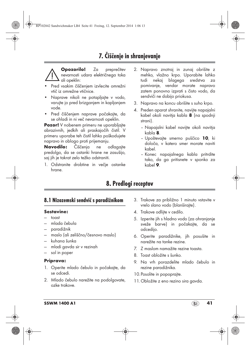 Čiščenje in shranjevanje, Predlogi receptov, 1 nizozemski sendvič s paradižnikom | Silvercrest SSWM 1400 A1 User Manual | Page 43 / 78