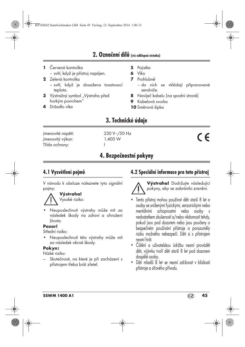 Označení dílů, Technické údaje, Bezpečnostní pokyny | 1 vysvětlení pojmů, 2 speciální informace pro toto přístroj | Silvercrest SSWM 1400 A1 User Manual | Page 47 / 78