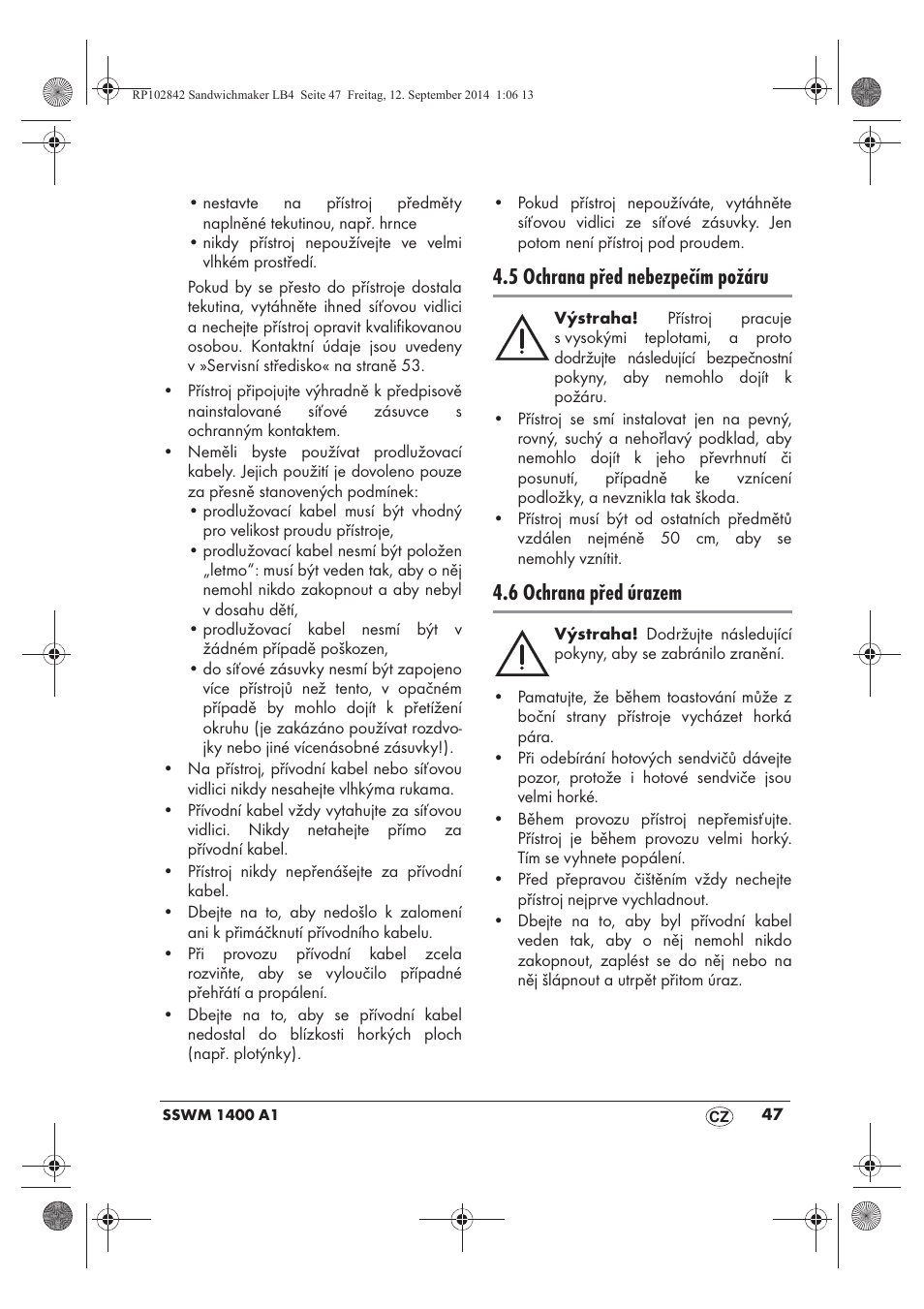 5 ochrana před nebezpečím požáru, 6 ochrana před úrazem | Silvercrest SSWM 1400 A1 User Manual | Page 49 / 78