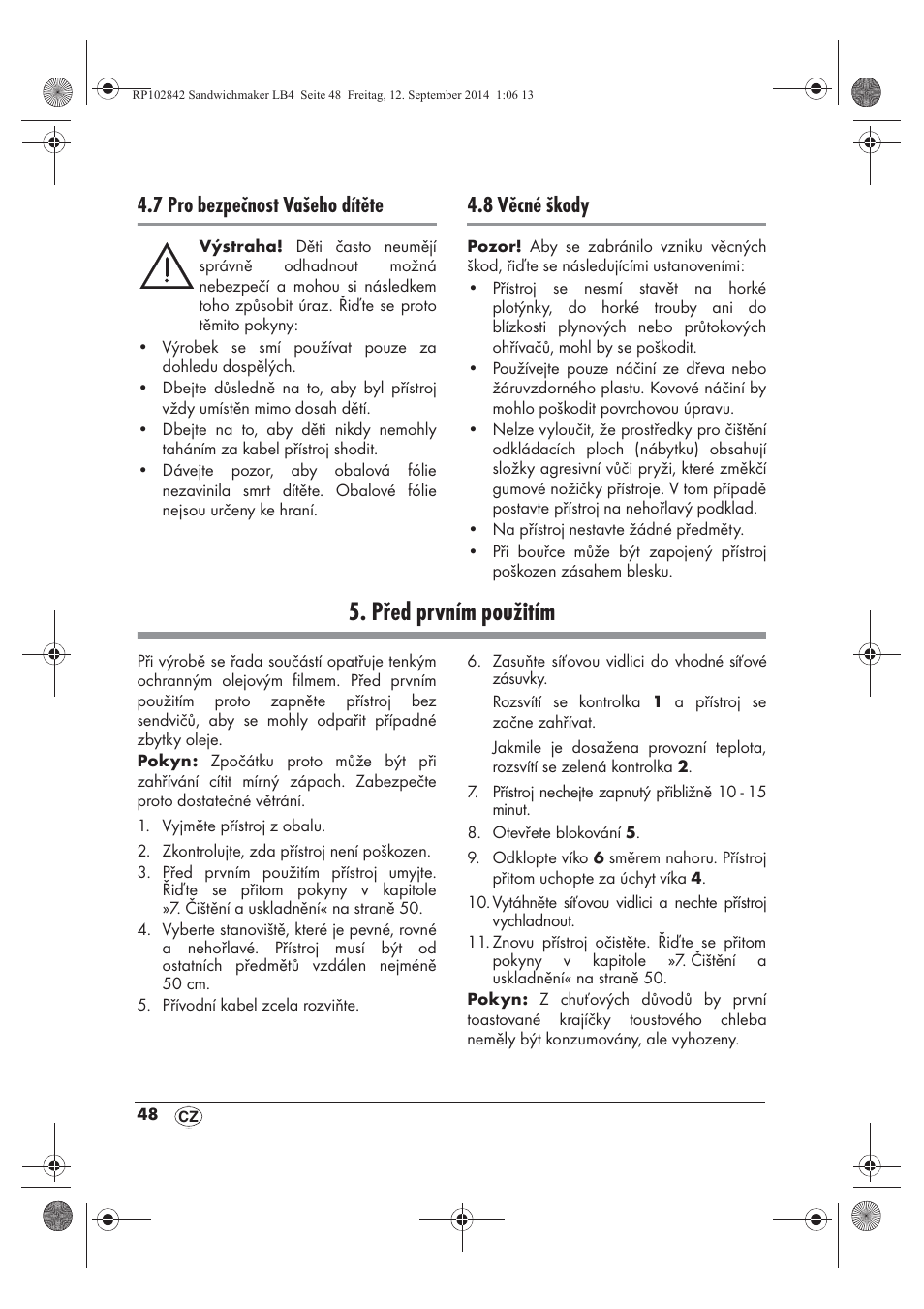 Před prvním použitím, 7 pro bezpečnost vašeho dítěte, 8 věcné škody | Silvercrest SSWM 1400 A1 User Manual | Page 50 / 78