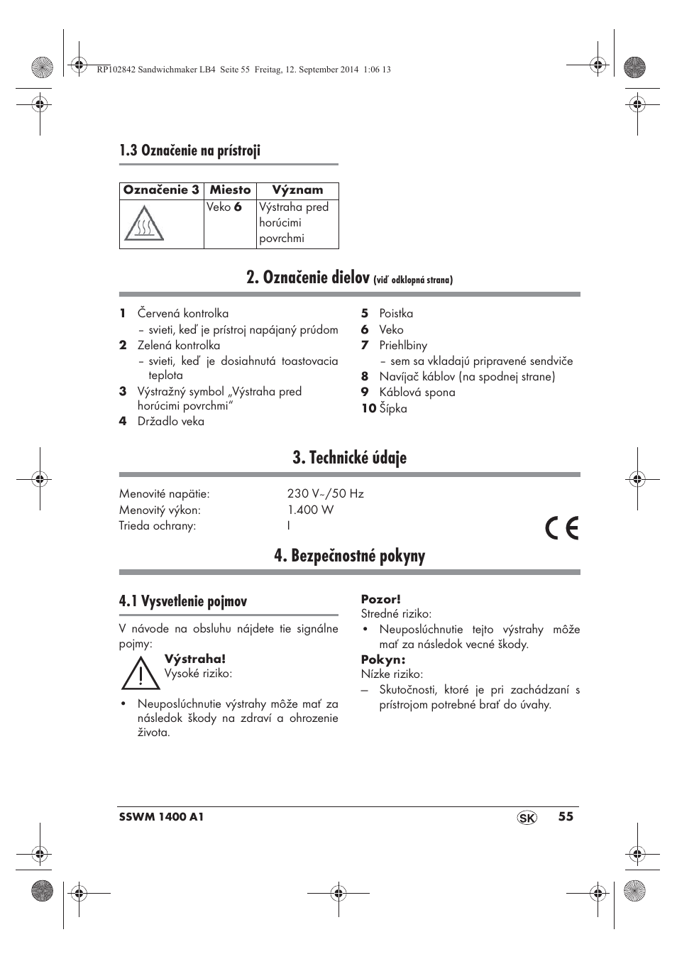 Označenie dielov, Technické údaje, Bezpečnostné pokyny | 3 označenie na prístroji, 1 vysvetlenie pojmov | Silvercrest SSWM 1400 A1 User Manual | Page 57 / 78