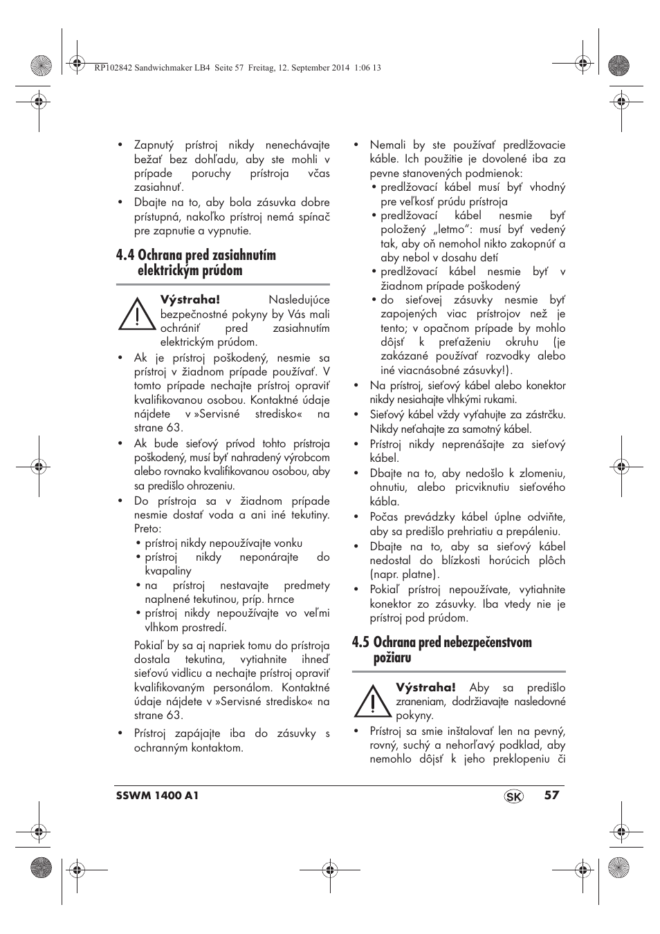 4 ochrana pred zasiahnutím elektrickým prúdom, 5 ochrana pred nebezpečenstvom požiaru | Silvercrest SSWM 1400 A1 User Manual | Page 59 / 78