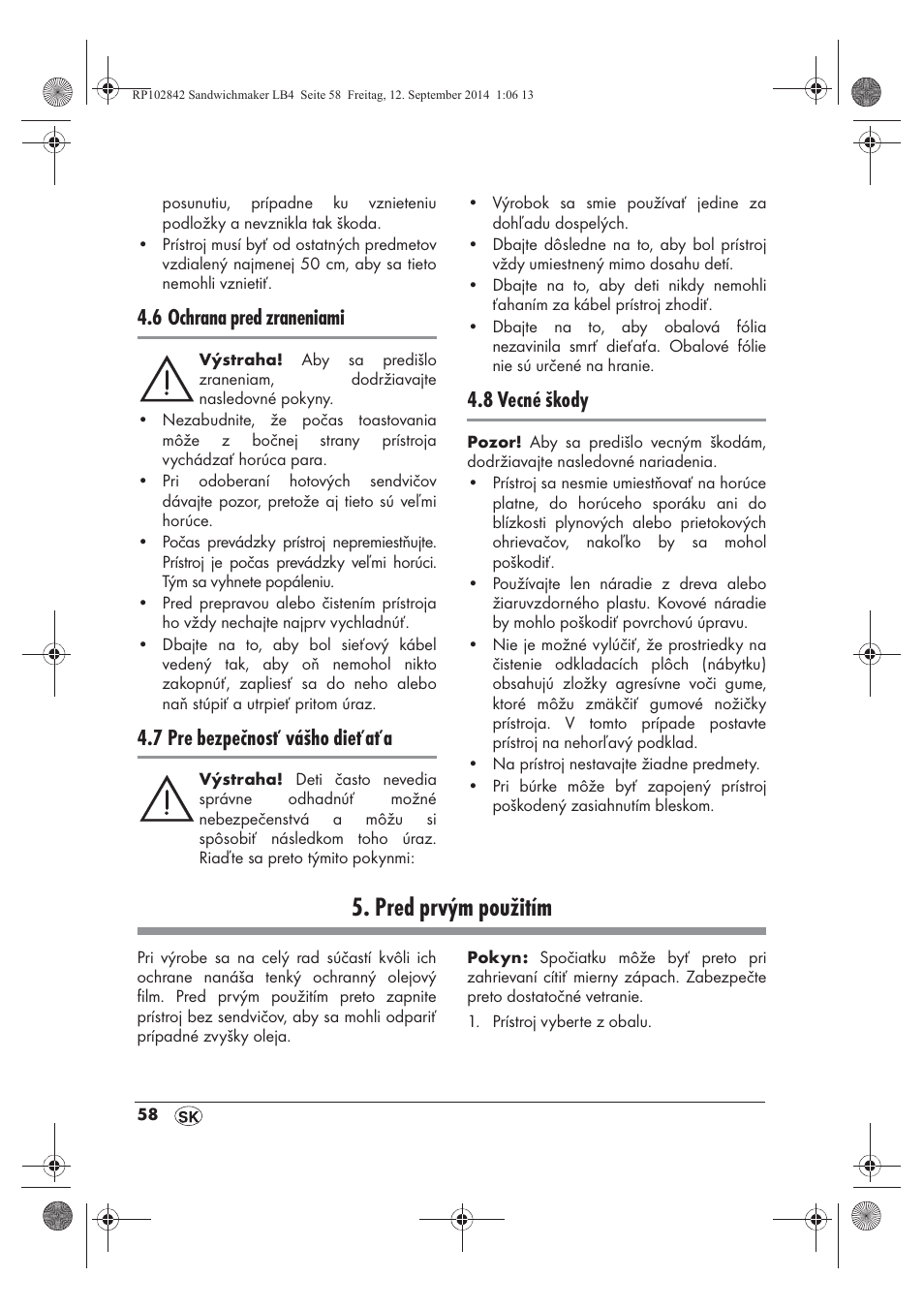 Pred prvým použitím, 6 ochrana pred zraneniami, 7 pre bezpečnosť vášho dieťaťa | 8 vecné škody | Silvercrest SSWM 1400 A1 User Manual | Page 60 / 78