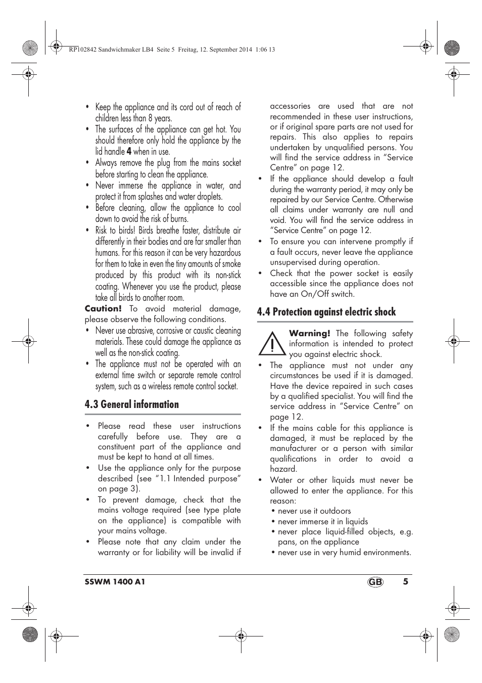 3 general information, 4 protection against electric shock | Silvercrest SSWM 1400 A1 User Manual | Page 7 / 78