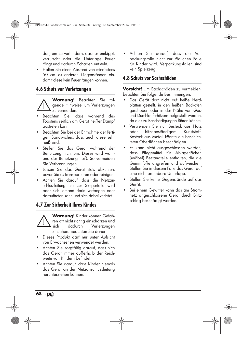 6 schutz vor verletzungen, 7 zur sicherheit ihres kindes, 8 schutz vor sachschäden | Silvercrest SSWM 1400 A1 User Manual | Page 70 / 78