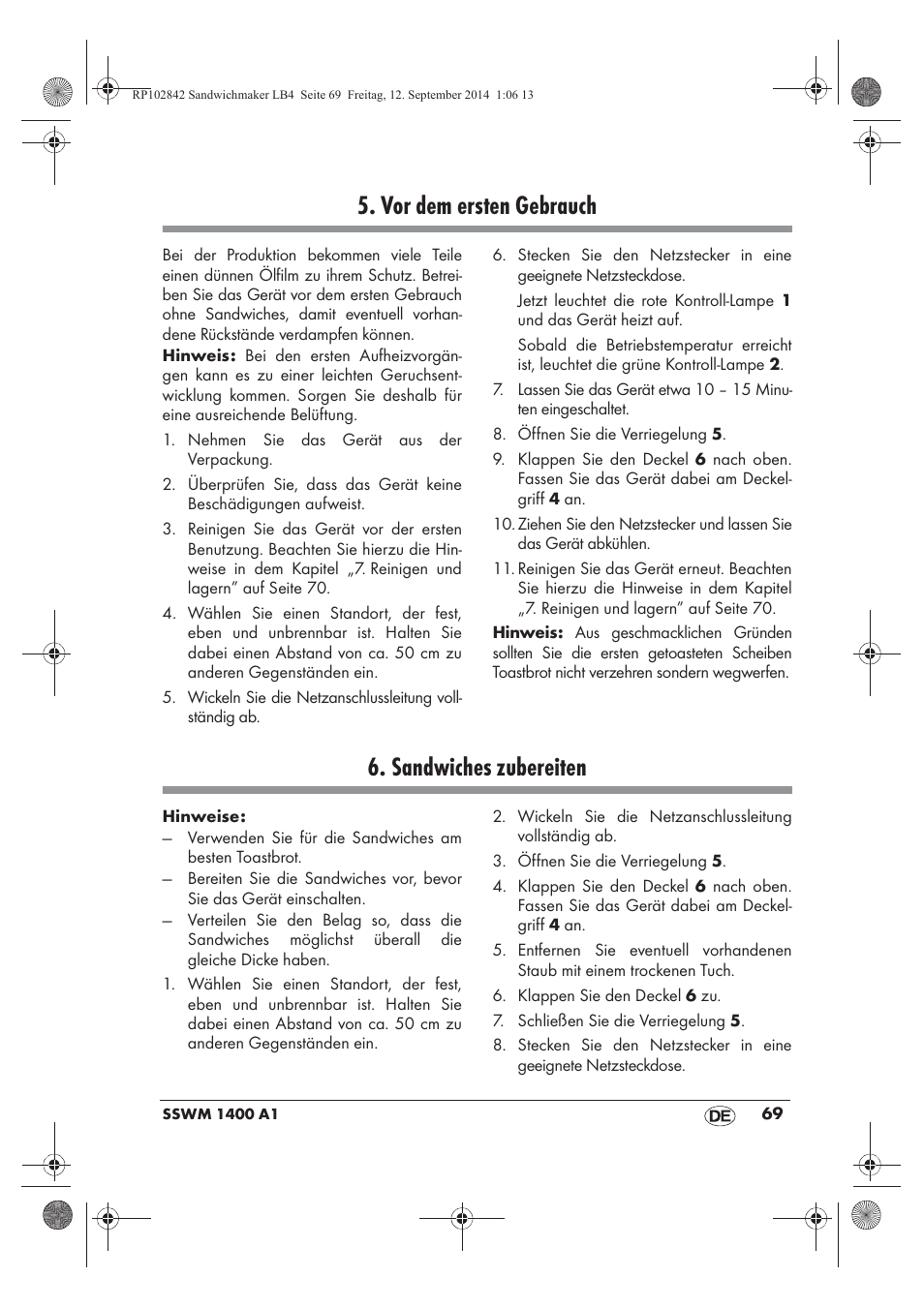 Vor dem ersten gebrauch, Sandwiches zubereiten | Silvercrest SSWM 1400 A1 User Manual | Page 71 / 78
