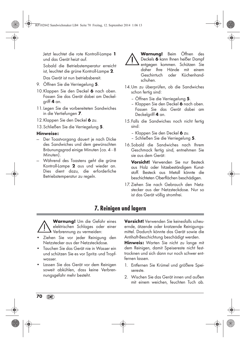 Reinigen und lagern | Silvercrest SSWM 1400 A1 User Manual | Page 72 / 78