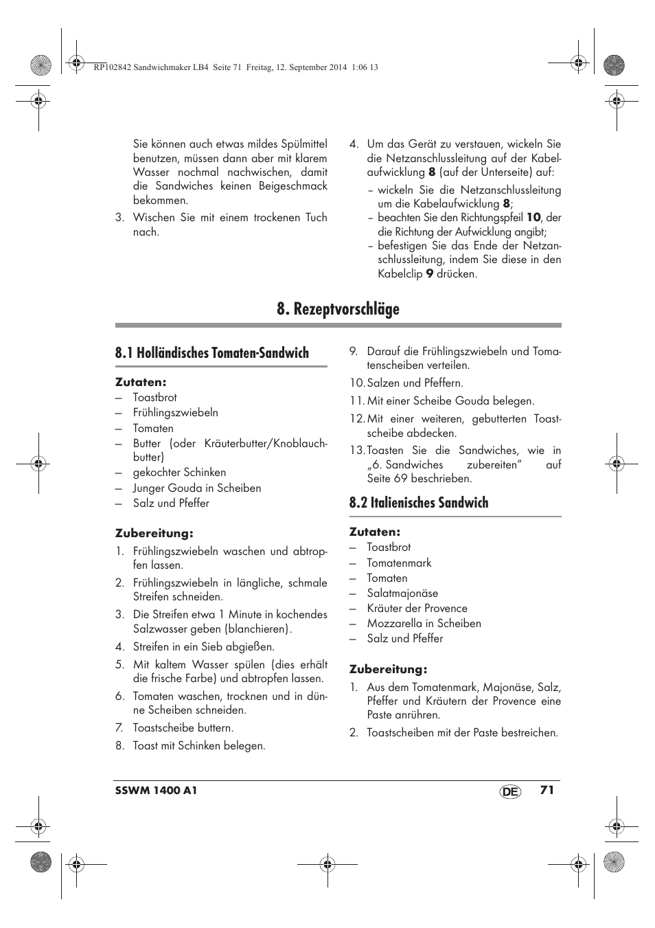 Rezeptvorschläge, 1 holländisches tomaten-sandwich, 2 italienisches sandwich | Silvercrest SSWM 1400 A1 User Manual | Page 73 / 78
