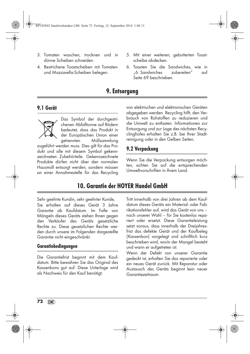 Entsorgung, Garantie der hoyer handel gmbh, 1 gerät | 2 verpackung | Silvercrest SSWM 1400 A1 User Manual | Page 74 / 78