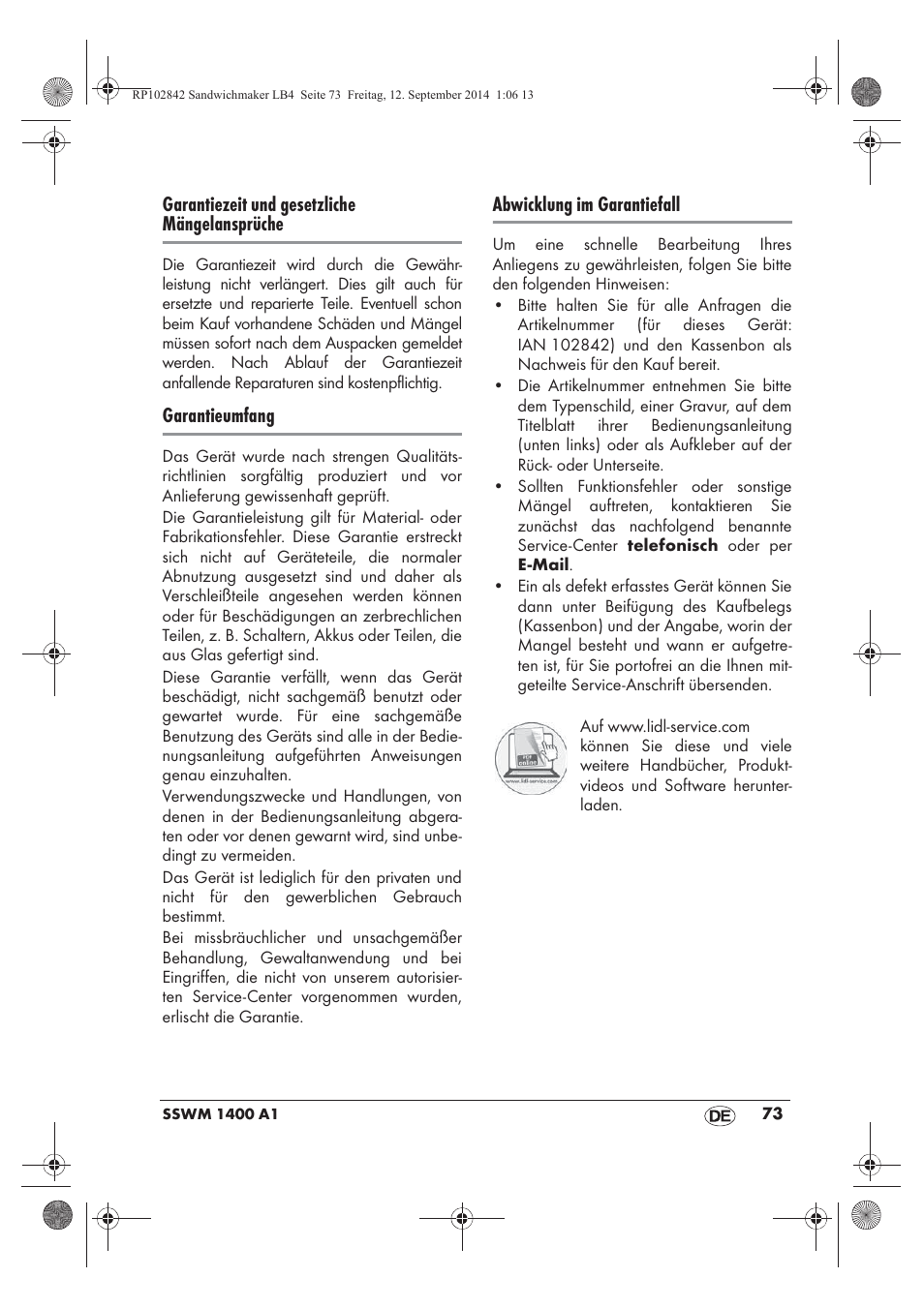 Garantiezeit und gesetzliche mängelansprüche, Garantieumfang, Abwicklung im garantiefall | Silvercrest SSWM 1400 A1 User Manual | Page 75 / 78