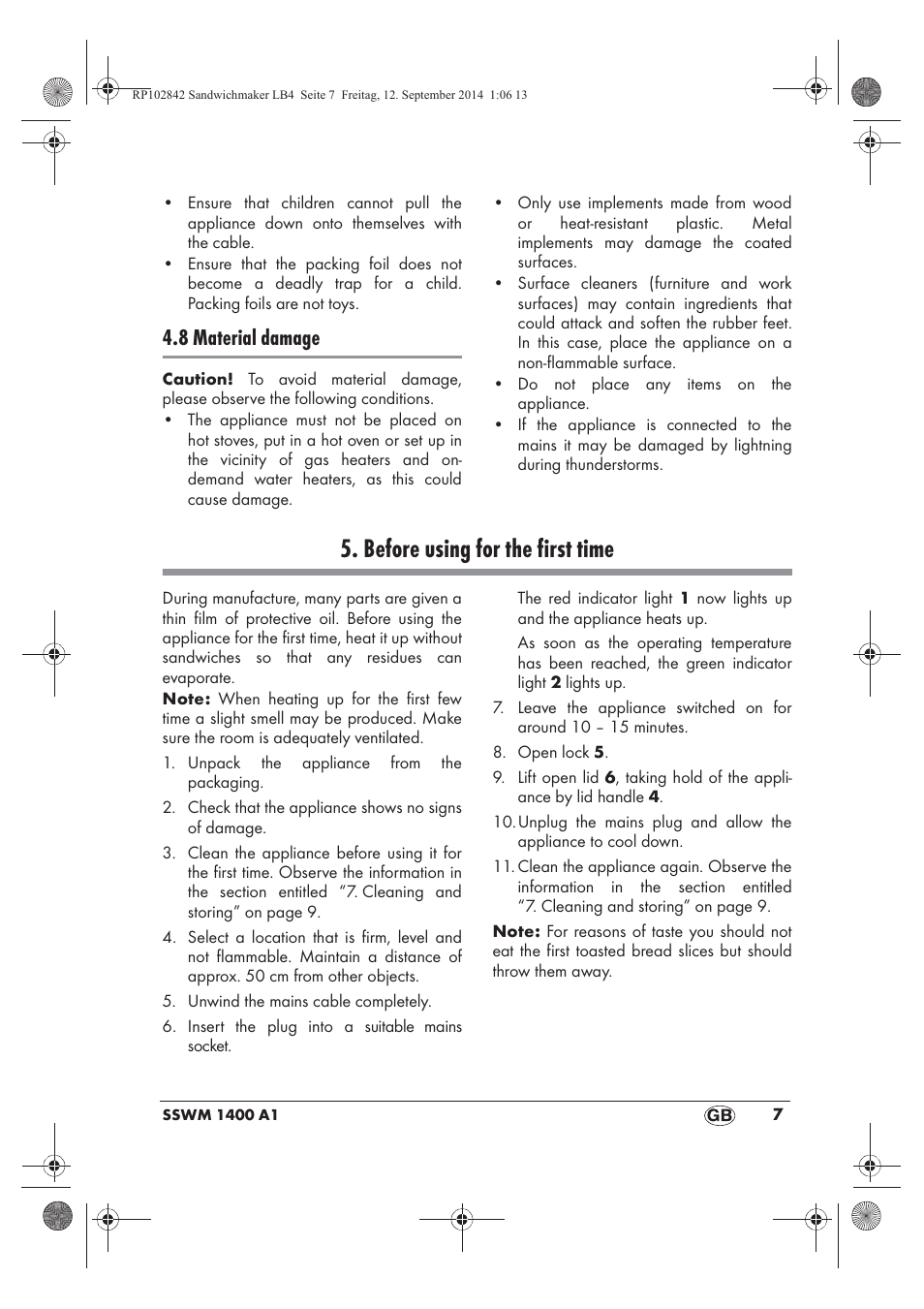 Before using for the first time, 8 material damage | Silvercrest SSWM 1400 A1 User Manual | Page 9 / 78