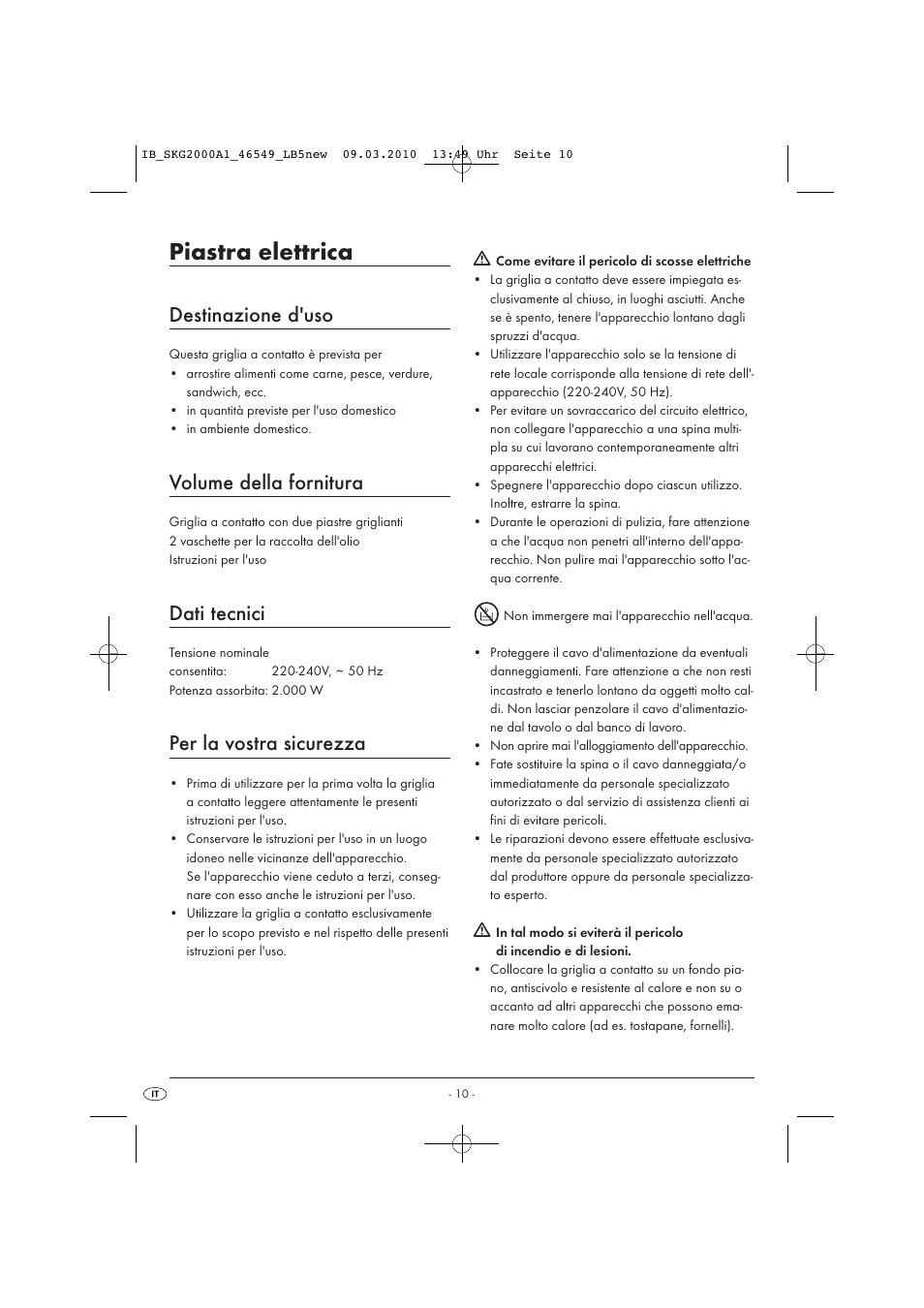Piastra elettrica, Destinazione d'uso, Volume della fornitura | Dati tecnici, Per la vostra sicurezza | Silvercrest SKG 2000 A1 User Manual | Page 12 / 42