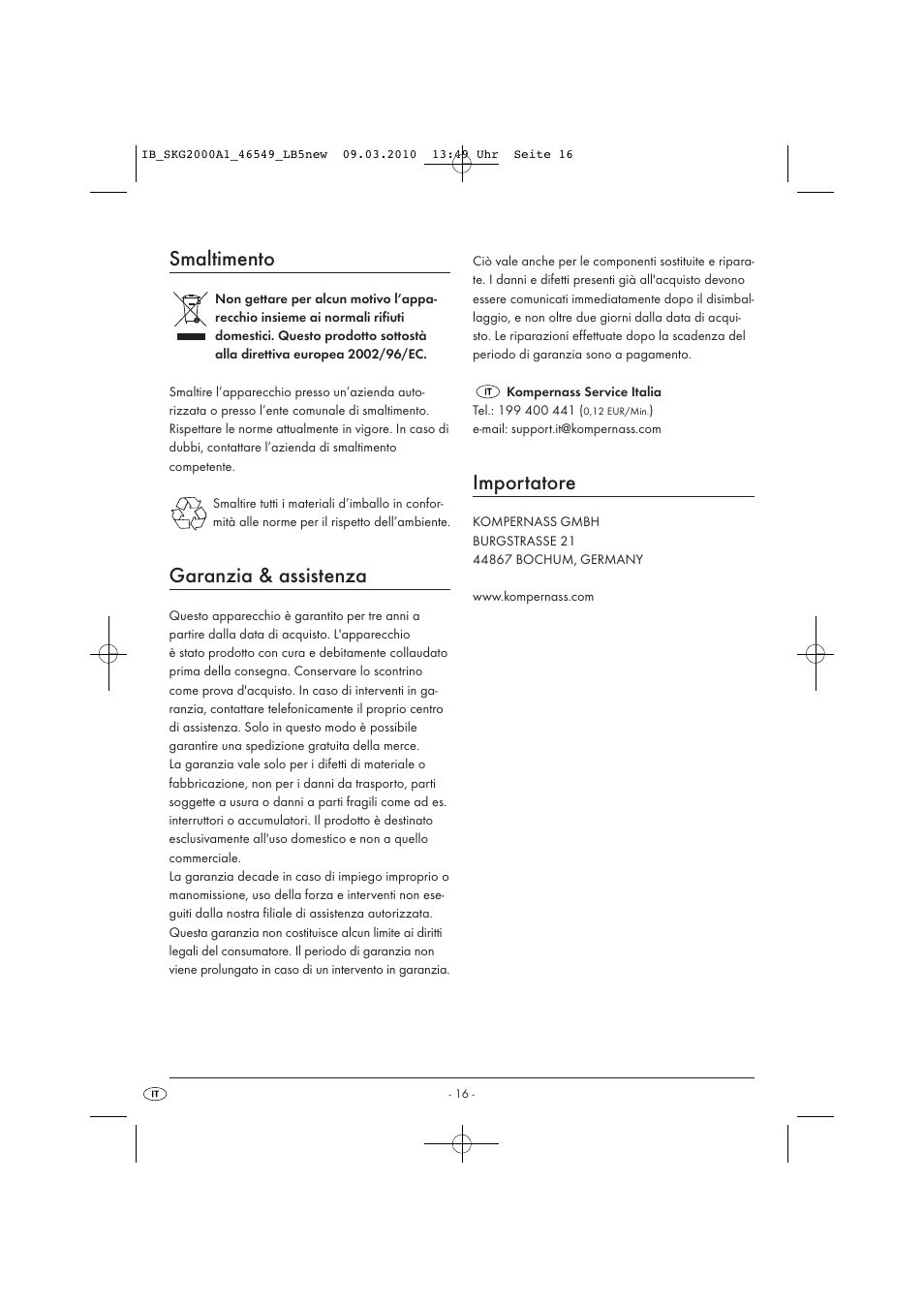 Smaltimento, Garanzia & assistenza, Importatore | Silvercrest SKG 2000 A1 User Manual | Page 18 / 42