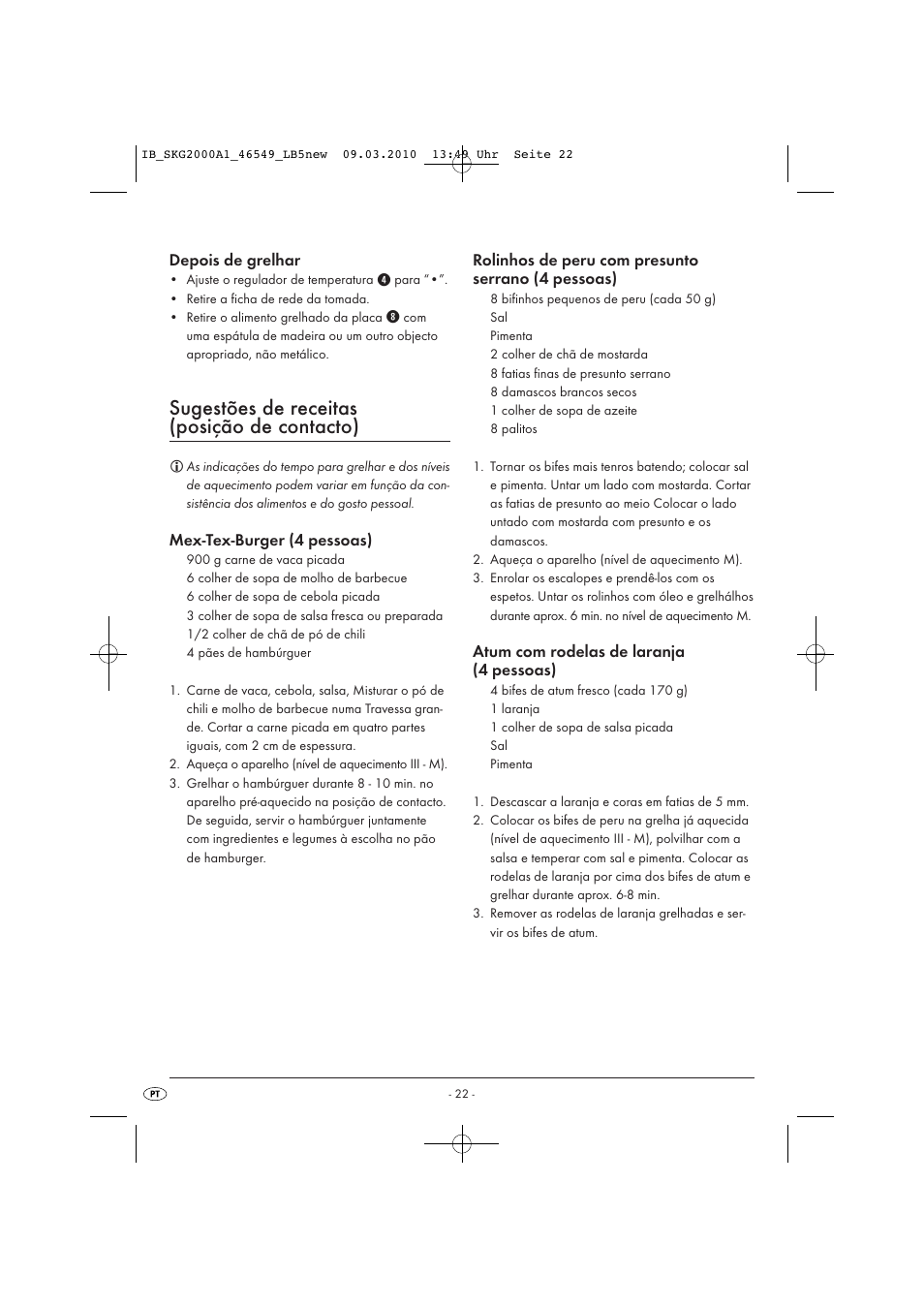 Sugestões de receitas (posição de contacto) | Silvercrest SKG 2000 A1 User Manual | Page 24 / 42