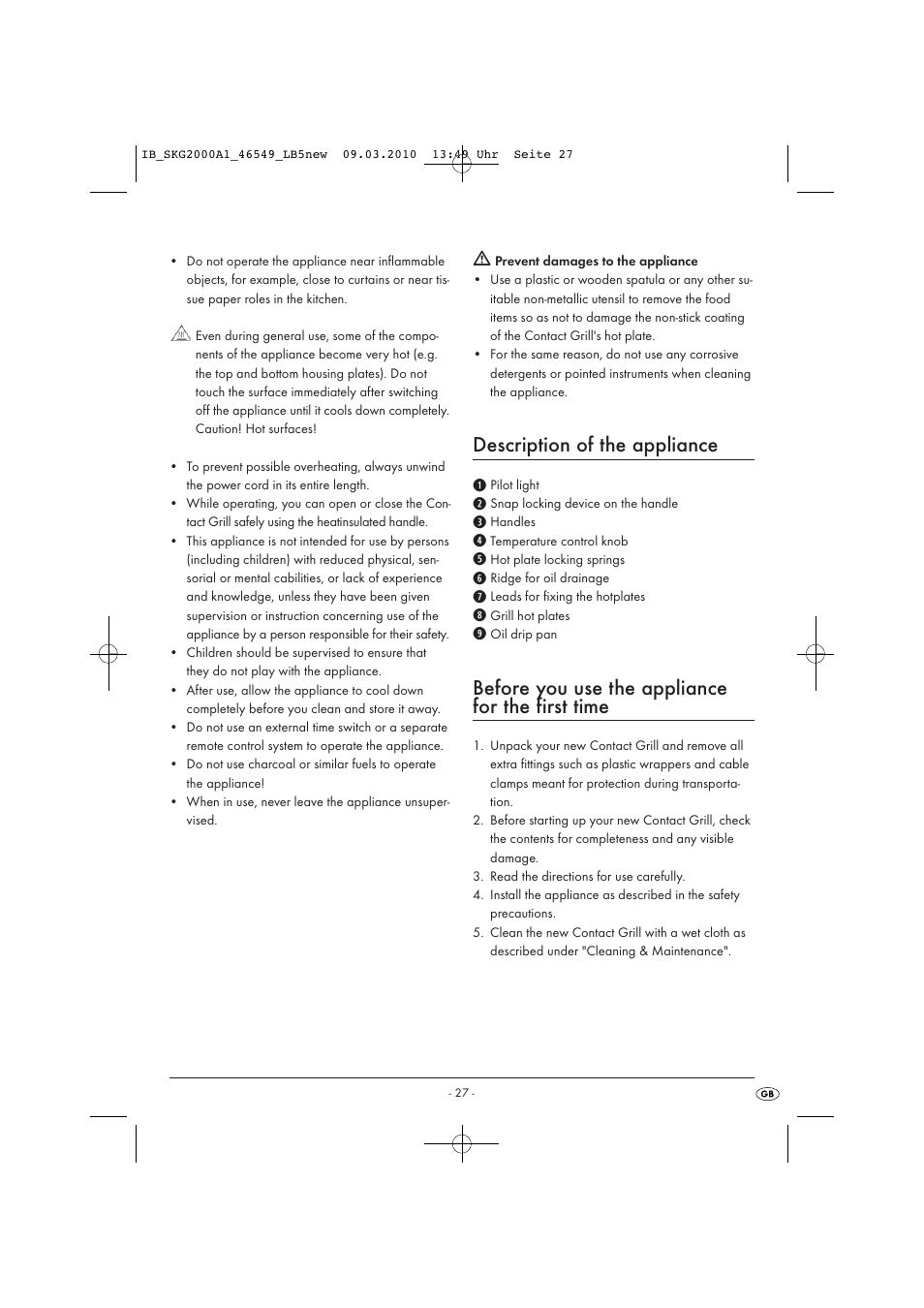 Description of the appliance, Before you use the appliance for the first time | Silvercrest SKG 2000 A1 User Manual | Page 29 / 42