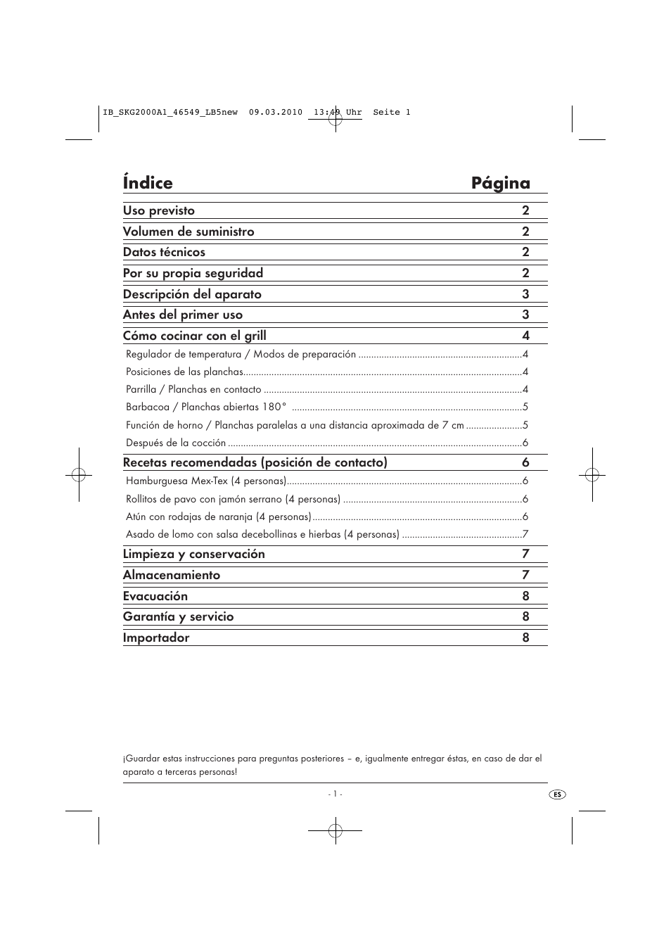 Índice página | Silvercrest SKG 2000 A1 User Manual | Page 3 / 42