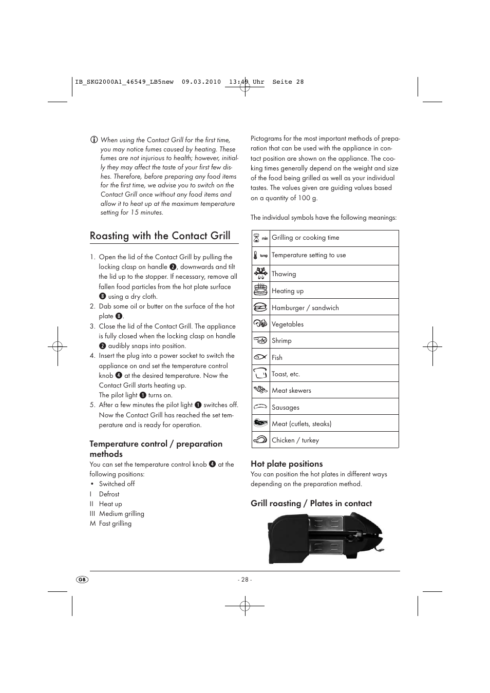 Roasting with the contact grill, Temperature control / preparation methods, Hot plate positions | Grill roasting / plates in contact | Silvercrest SKG 2000 A1 User Manual | Page 30 / 42