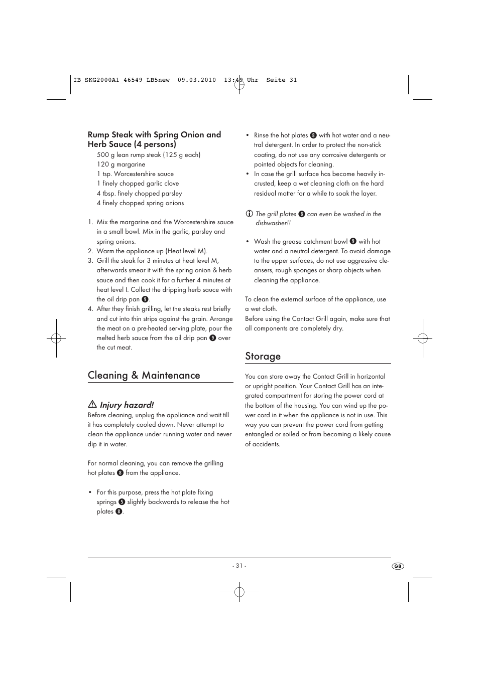Cleaning & maintenance, Storage | Silvercrest SKG 2000 A1 User Manual | Page 33 / 42