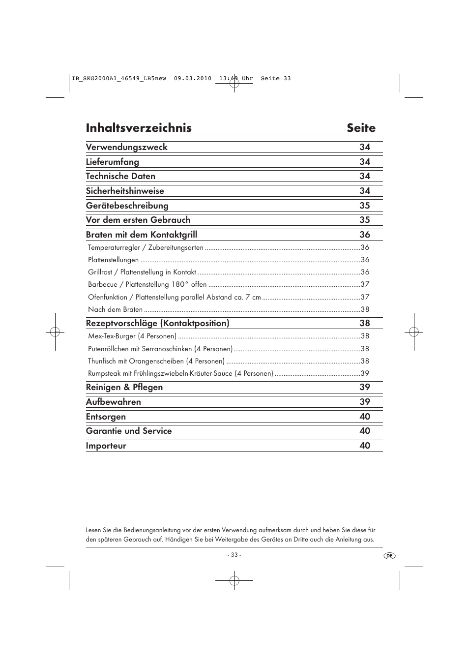 Inhaltsverzeichnis seite | Silvercrest SKG 2000 A1 User Manual | Page 35 / 42
