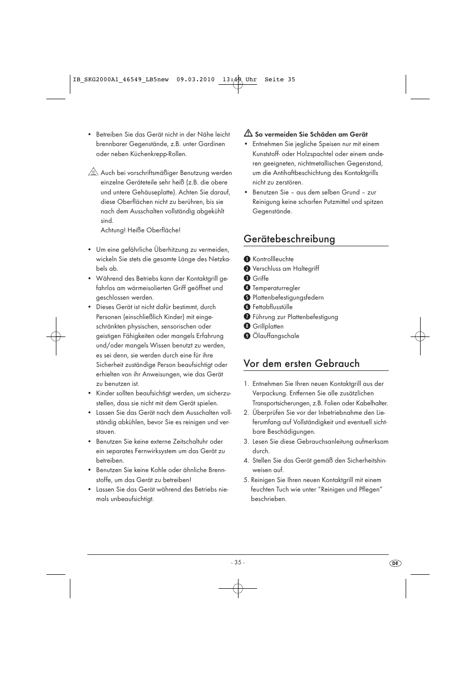 Gerätebeschreibung, Vor dem ersten gebrauch | Silvercrest SKG 2000 A1 User Manual | Page 37 / 42