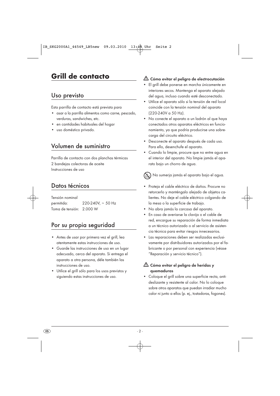 Grill de contacto, Uso previsto, Volumen de suministro | Datos técnicos, Por su propia seguridad | Silvercrest SKG 2000 A1 User Manual | Page 4 / 42